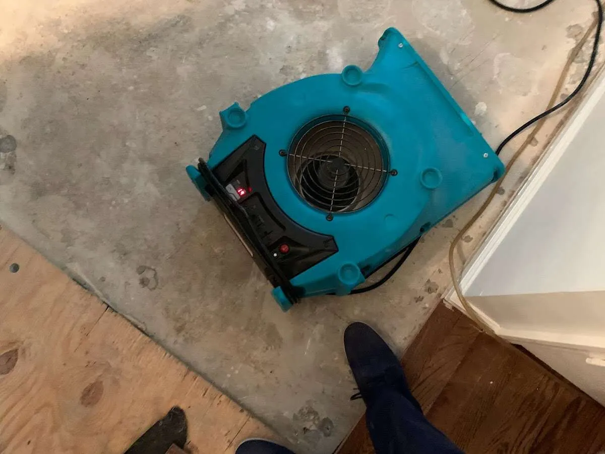Air mover drying subfloor during Leak Detection & Repair in East Orange